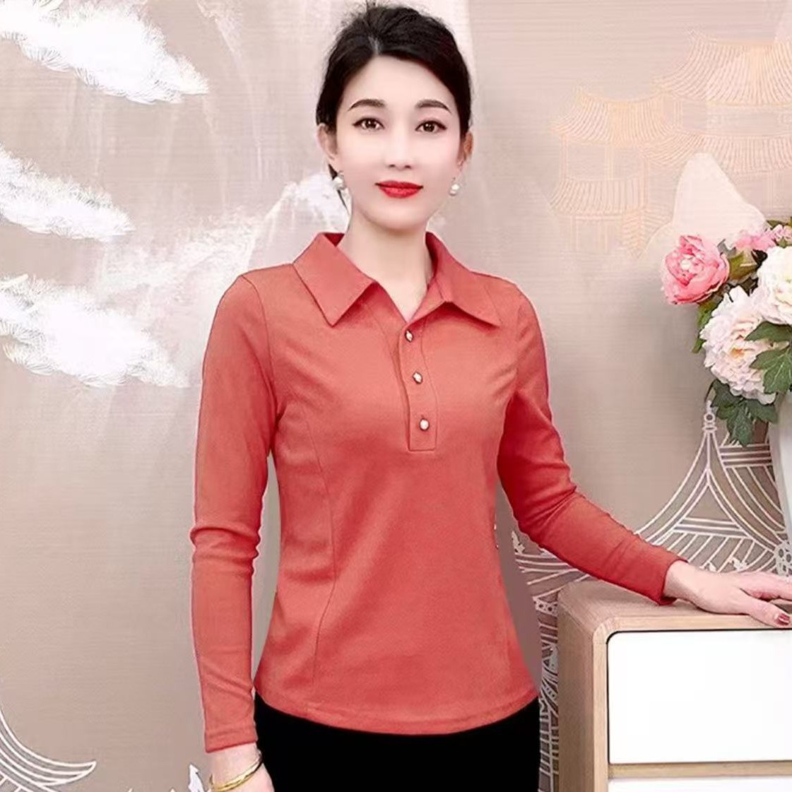 纯色款POLO领秋冬长袖打底衫气质内搭显瘦洋气上衣打底衫2505