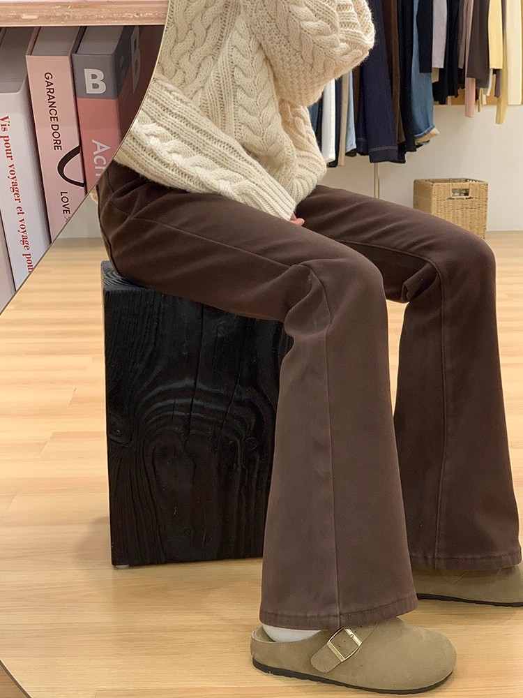 【现货+运费险】大码咖啡色加绒加厚牛仔裤微喇高腰遮肉显瘦喇叭裤