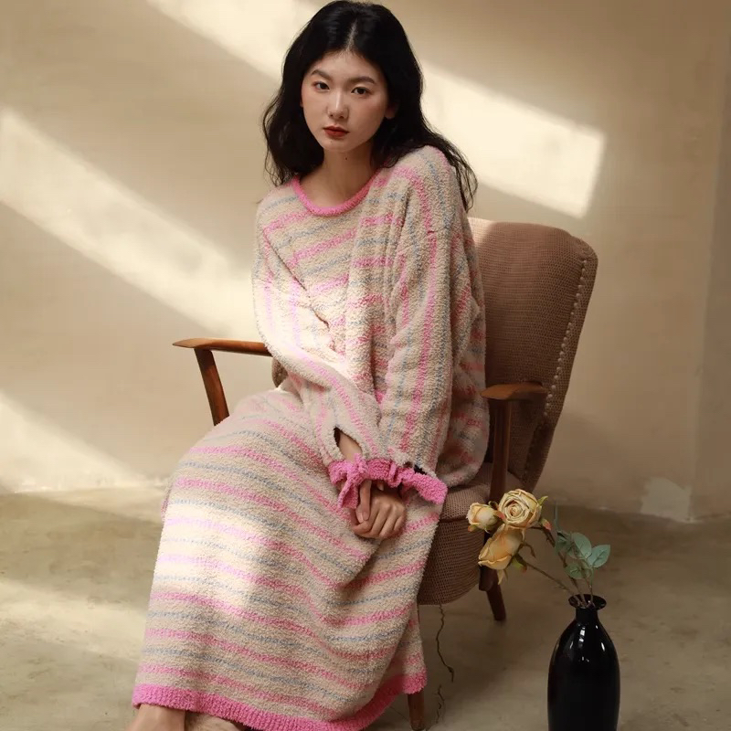 秋冬新款加厚保暖条纹针织半边绒睡裙女长款家居服