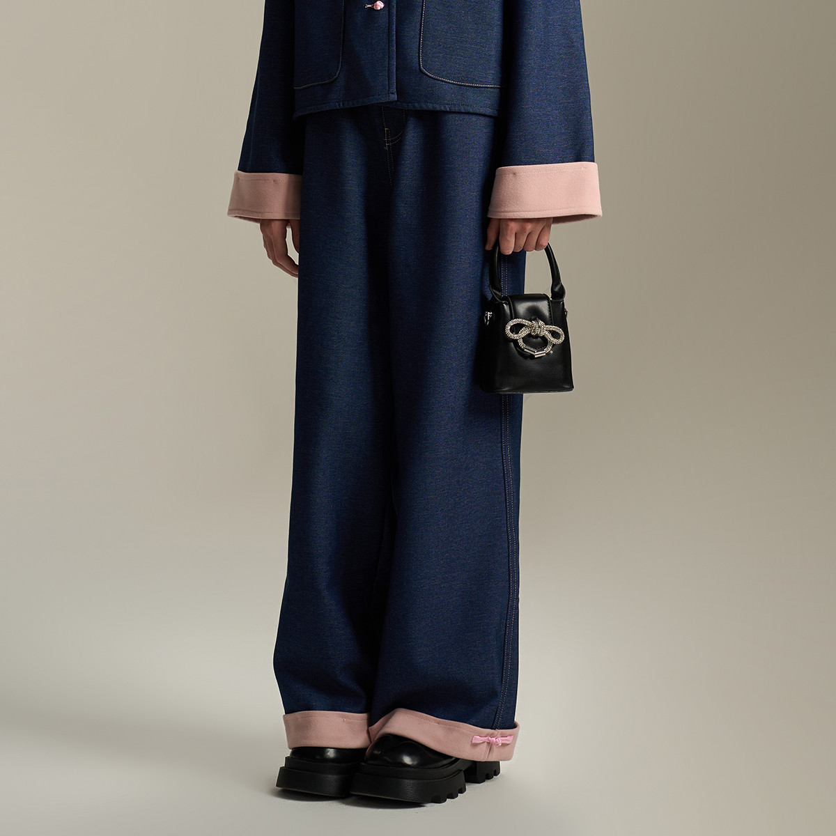 【国风盘扣薄绒阔腿裤】女童新中式裤子秋冬新款加绒保暖休闲裤D48