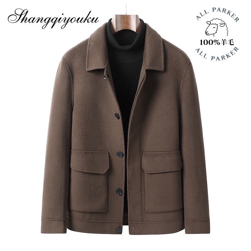 100%羊毛男士短款呢大衣夹克休闲韩版翻领毛呢修身商务呢子男外套