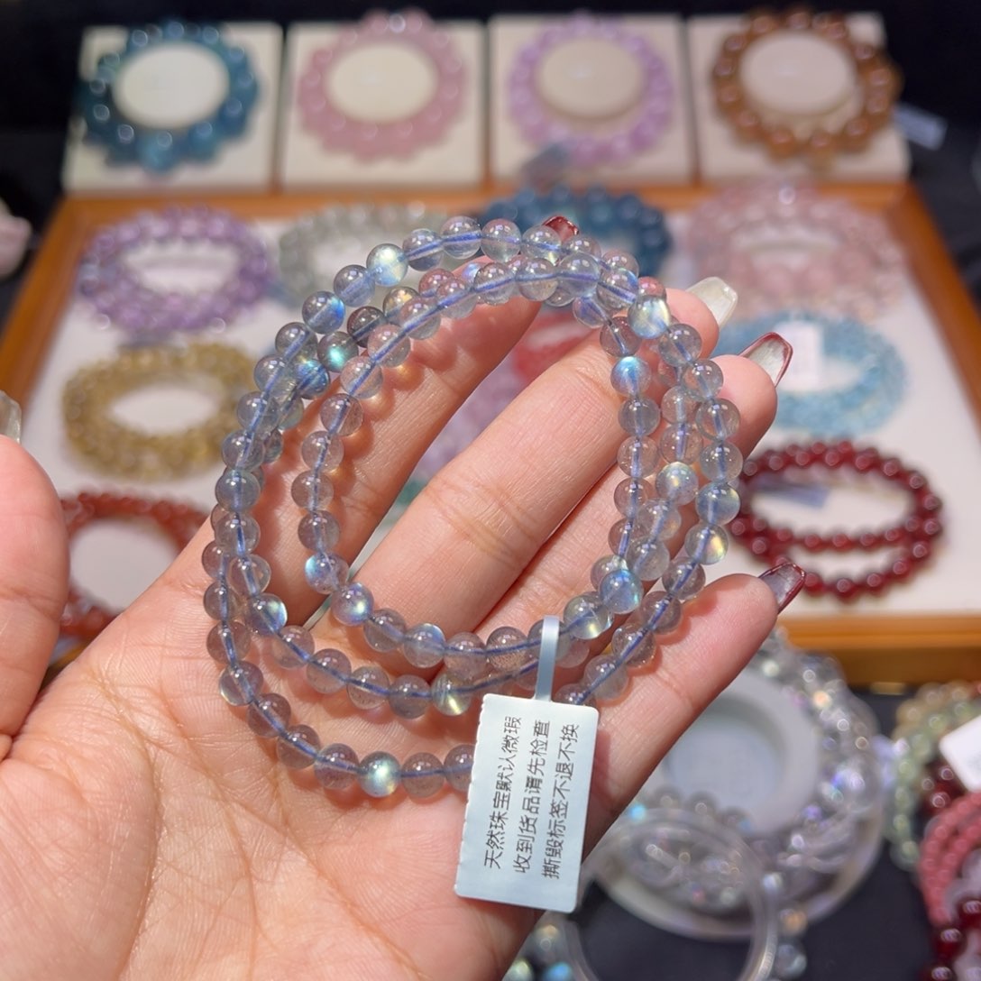拉长石手串未镶嵌灰月光三圈5.8m m
