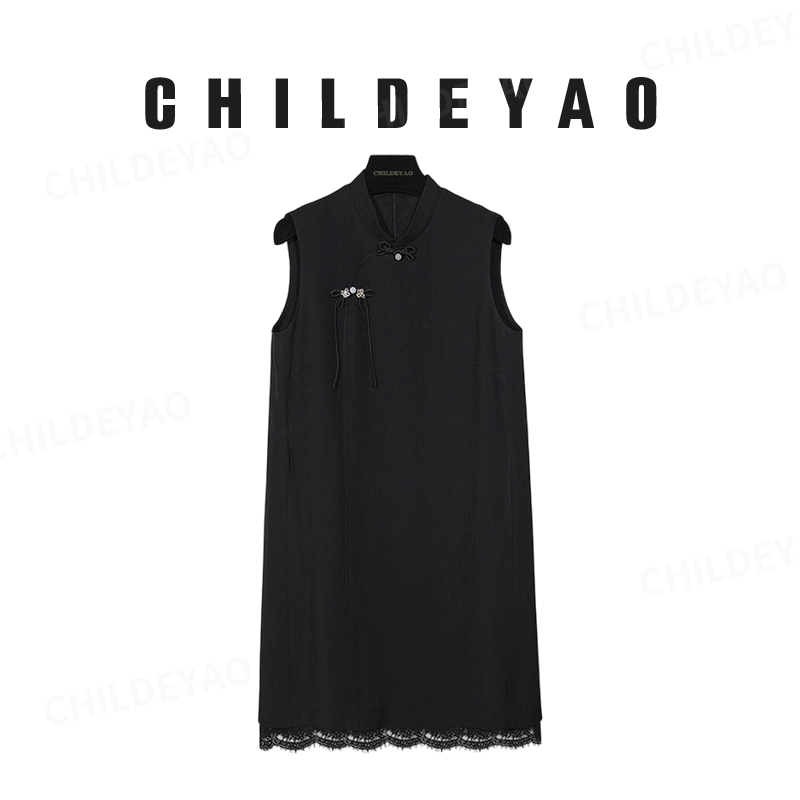 新中式小立领醋酸手工盘扣蕾丝拼接无袖连衣裙3279