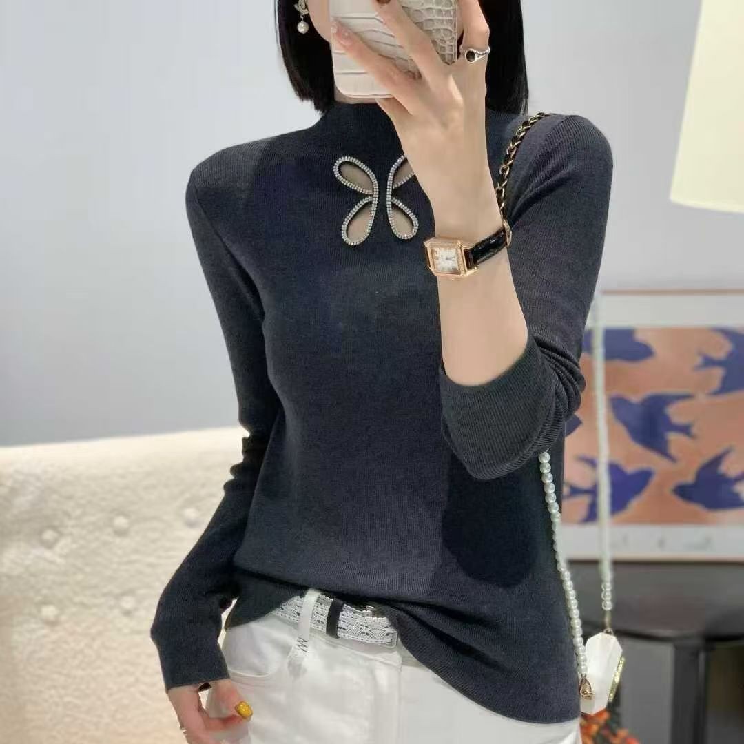 桃姐家秋冬百搭半高领堆堆领内搭衫女装镂空加厚——蝴蝶烫钻毛衣