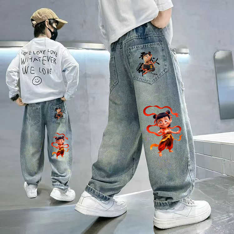 哪吒儿童牛仔裤2025春季新款儿童时髦老爹裤男童宝宝弹力牛仔裤潮
