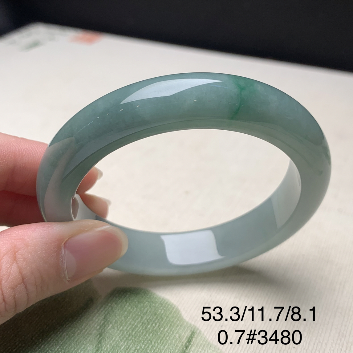 53.3圈口油青半山水天然缅甸翡翠手镯#货号3480