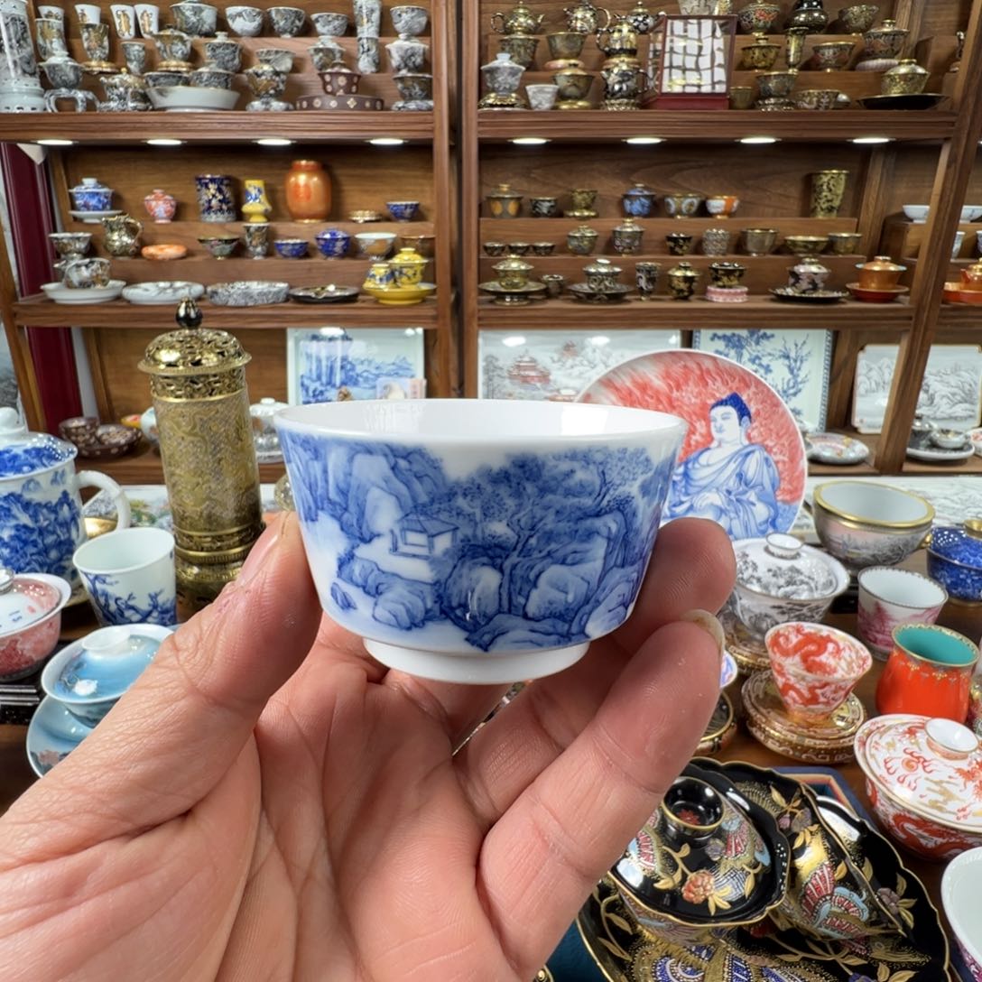 青花山水马蹄杯杯