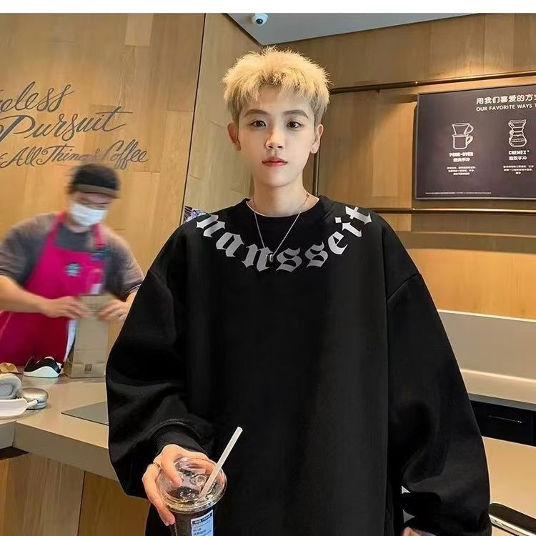 新款设计感潮牌痞帅印花圆领卫衣大码300斤休闲百搭时尚上衣男款
