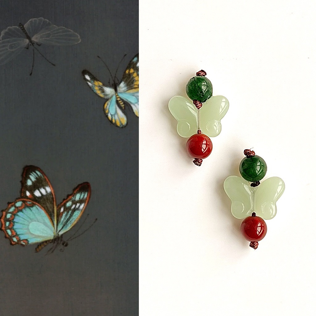 蝶韵·国风手作撞色蝴蝶耳环秋冬文艺复古红绿玛瑙耳钉新中式耳饰