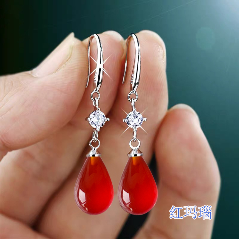 天然玛瑙水滴耳环s925纯银耳环2026年网红爆款气质耳坠显瘦耳饰