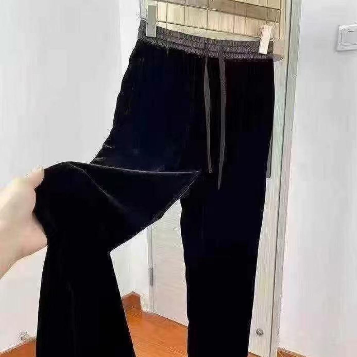 秋季856黑色潮流丝绒显瘦窄版高腰直筒长裤百搭休闲