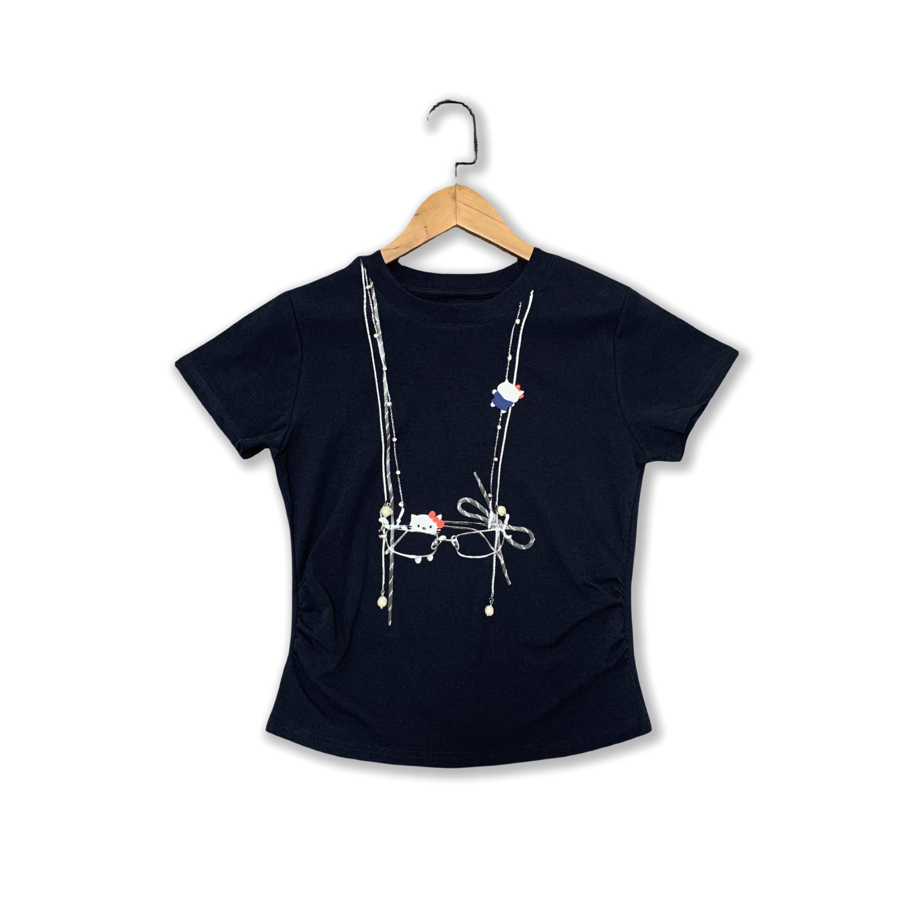 深圳南油【Miya】实拍藏青色KT猫收腰显瘦修身女短袖T恤上衣夏季新