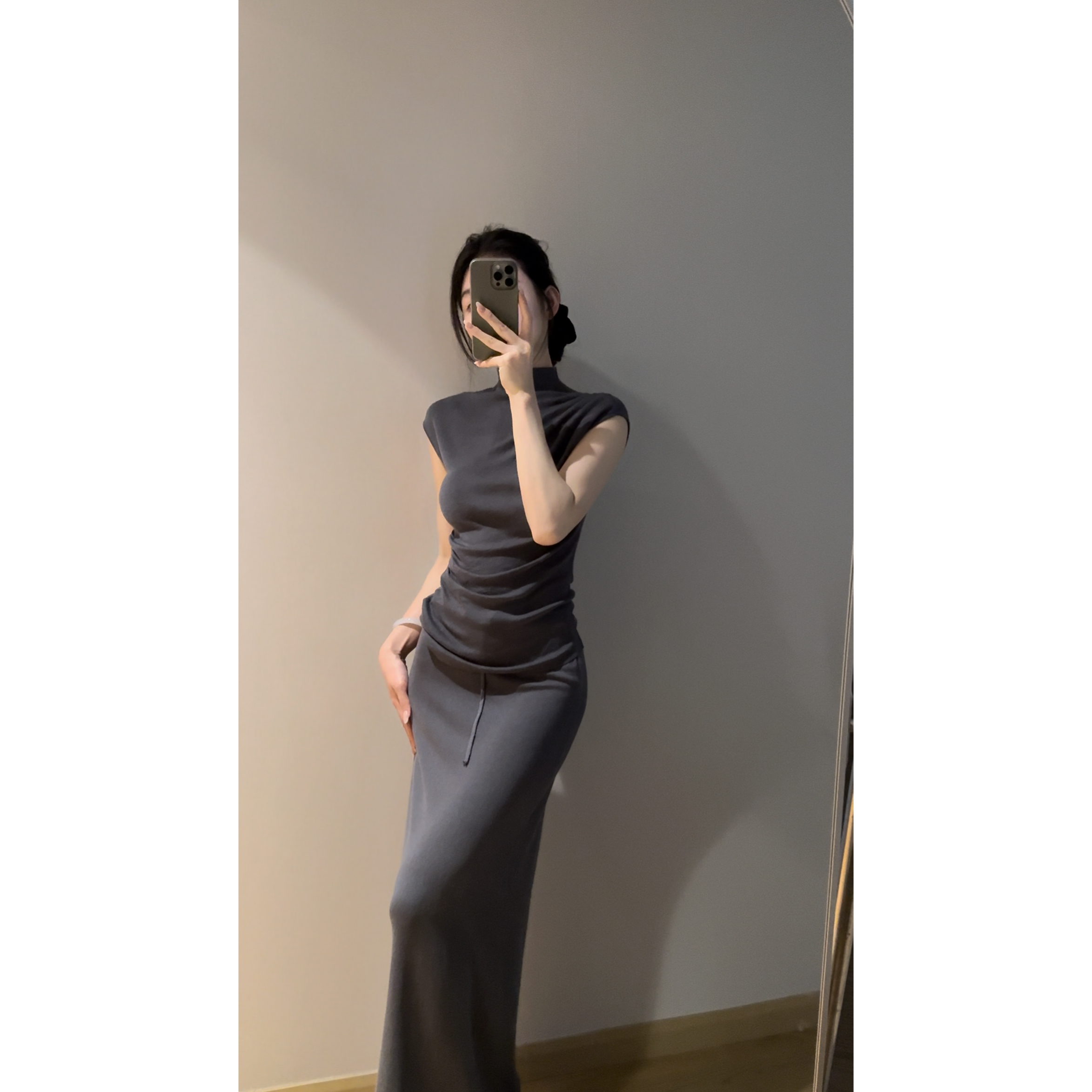 【晓青山】低饱和度半高领包袖上衣半身裙高弹针织套装