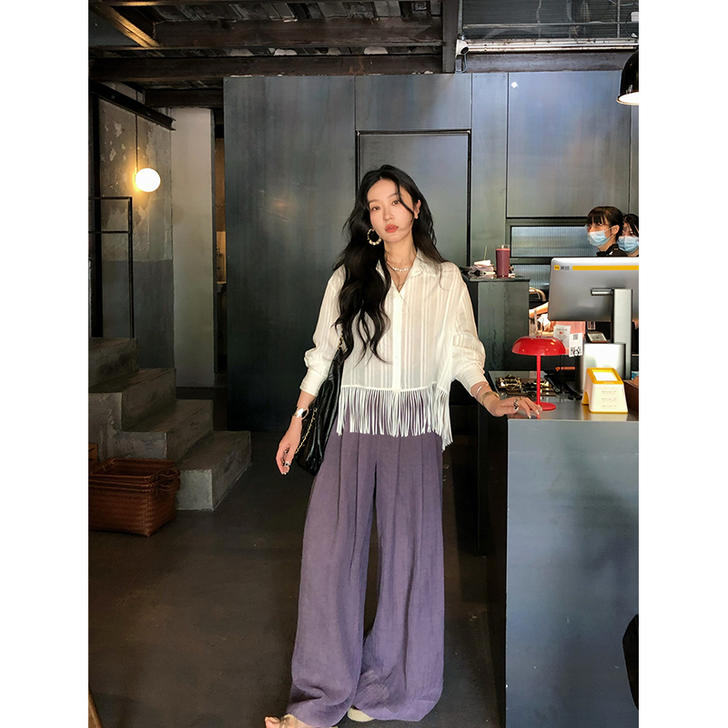 任小艺 4/11新品 定制肌理感面料宽松竖条纹拼接流苏衬衫防晒衫女