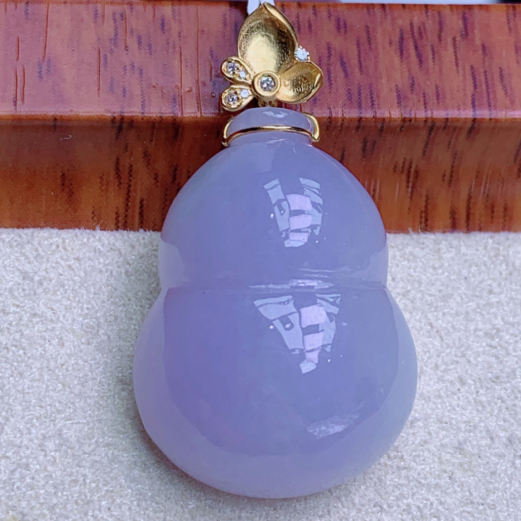 天然缅甸A货翡翠18k金冰胶紫罗兰葫芦吊坠j整32石25/18.3/10.3mm