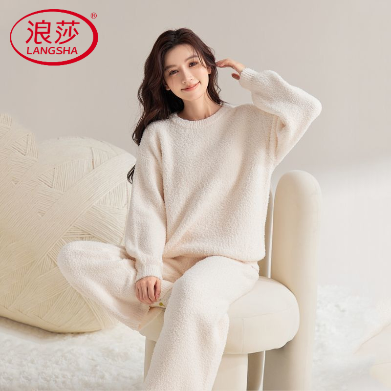 浪莎【慵懒风】半边绒睡衣女秋冬季珊瑚绒加绒加厚套头家居服套装