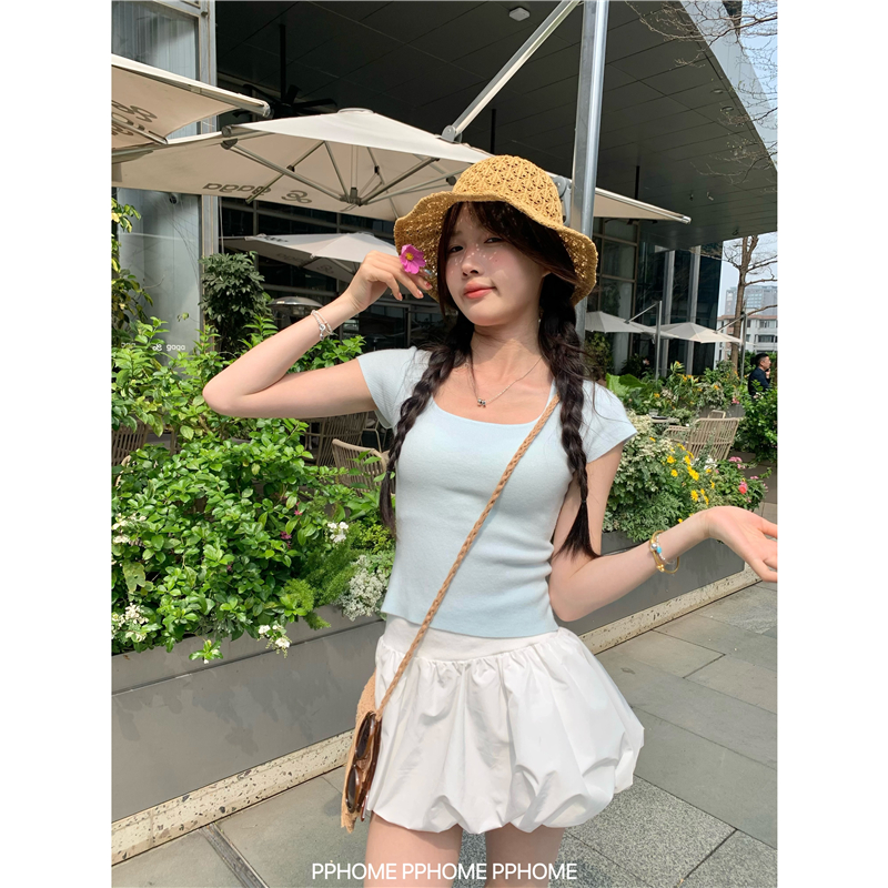 PPHOME自制~糖果女孩 简约方领修身短袖针织衫正肩T恤女短款上衣