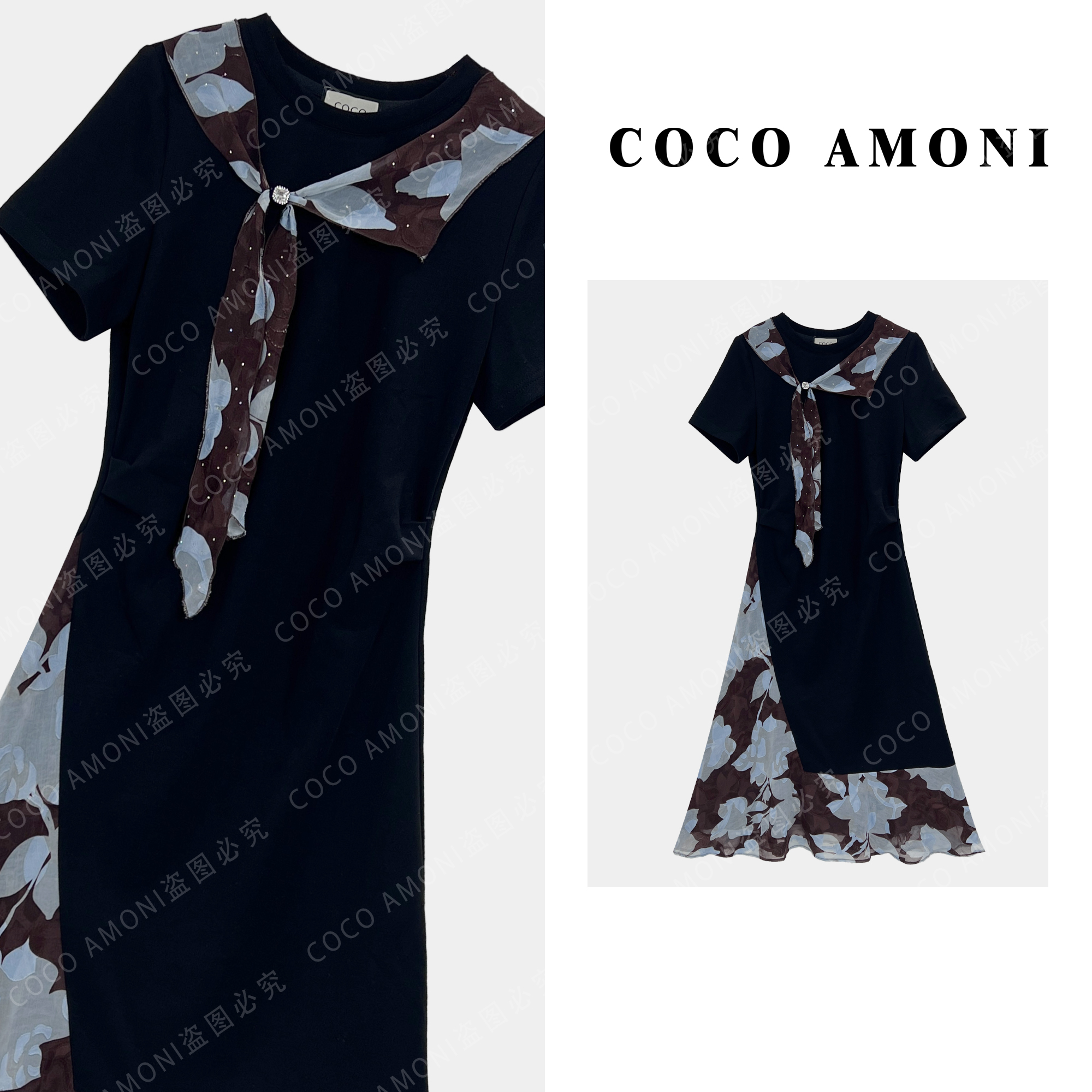 [曼姐]设计带钻设计夏日女装拼接褶皱收腰显瘦气质连衣裙ZC553