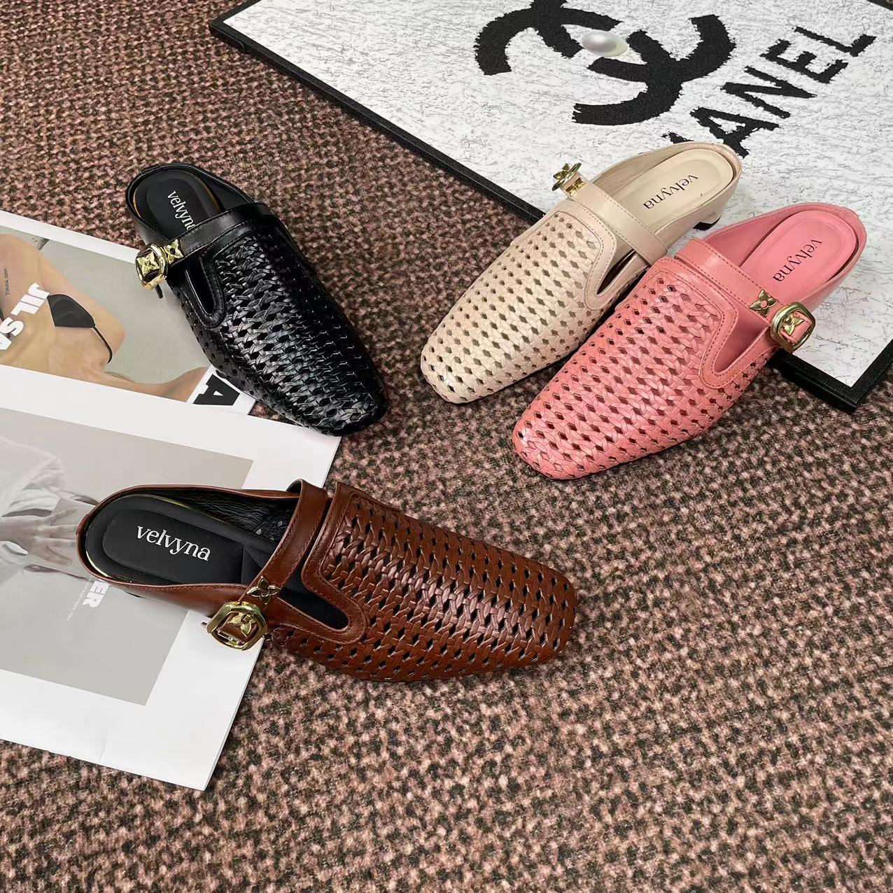 薇芙娜牛皮跟高3CM百搭舒适一字带殴若风穆勒拖鞋