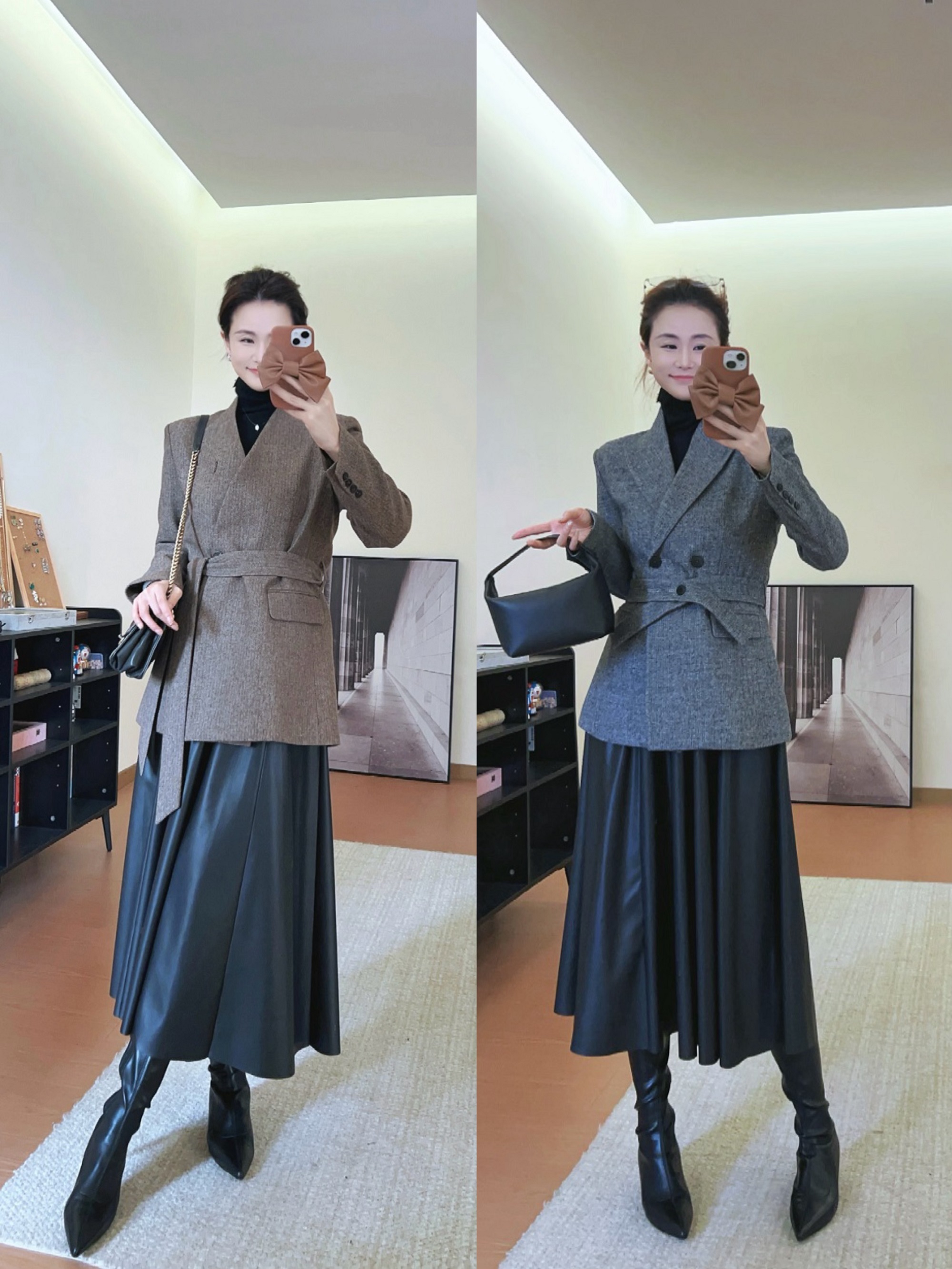 【圆舞曲】A字复古大裙摆百搭气质黑色伞裙皮裙半身裙女