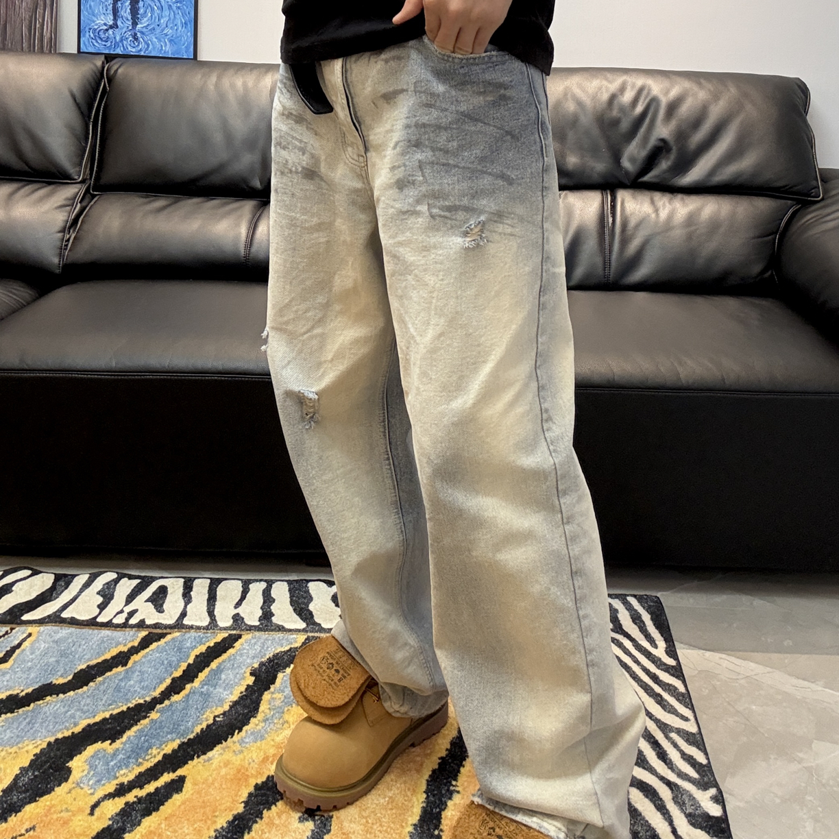 seven7studios时髦重工小众直筒脏染猫须做旧破洞复古高街牛仔裤