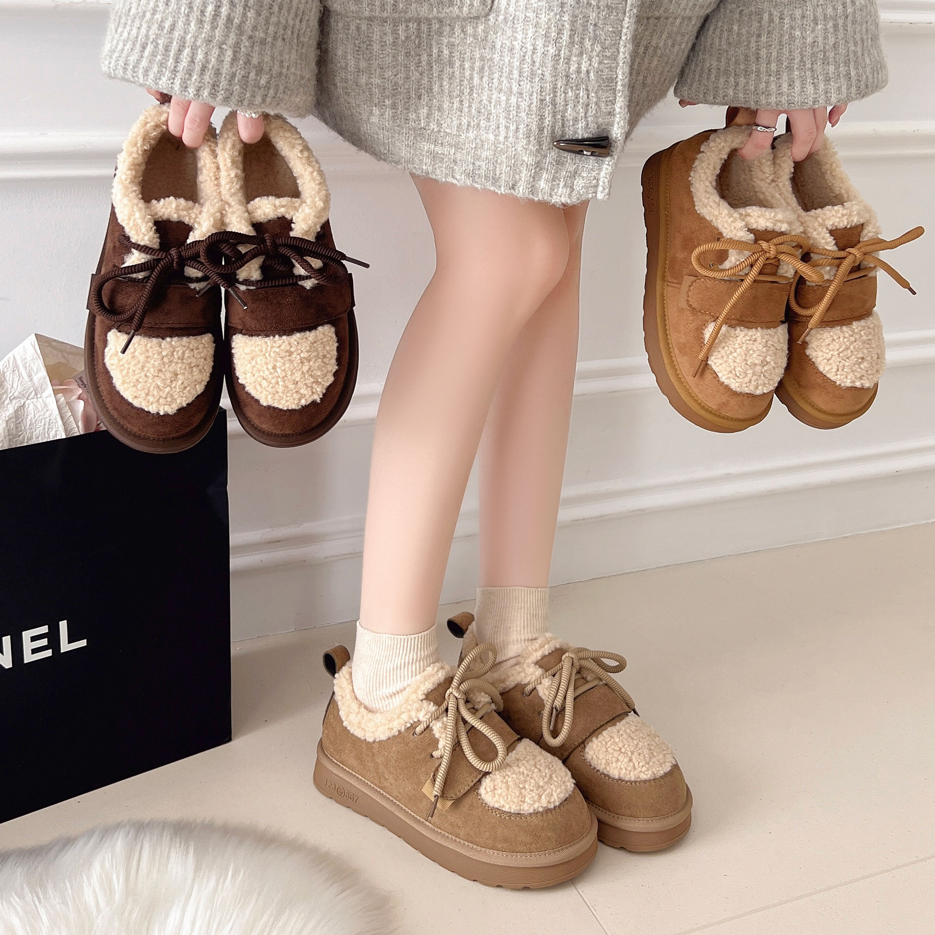 秋冬加绒保暖圆头学院风系带平底舒适百搭韩版一脚蹬雪地棉