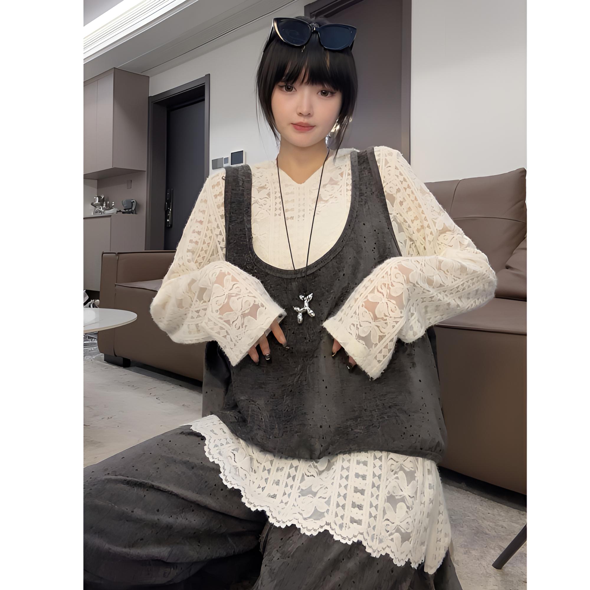 倪不叶【雪尼尔黑灰静奢套装】时尚百搭复古宽松通勤