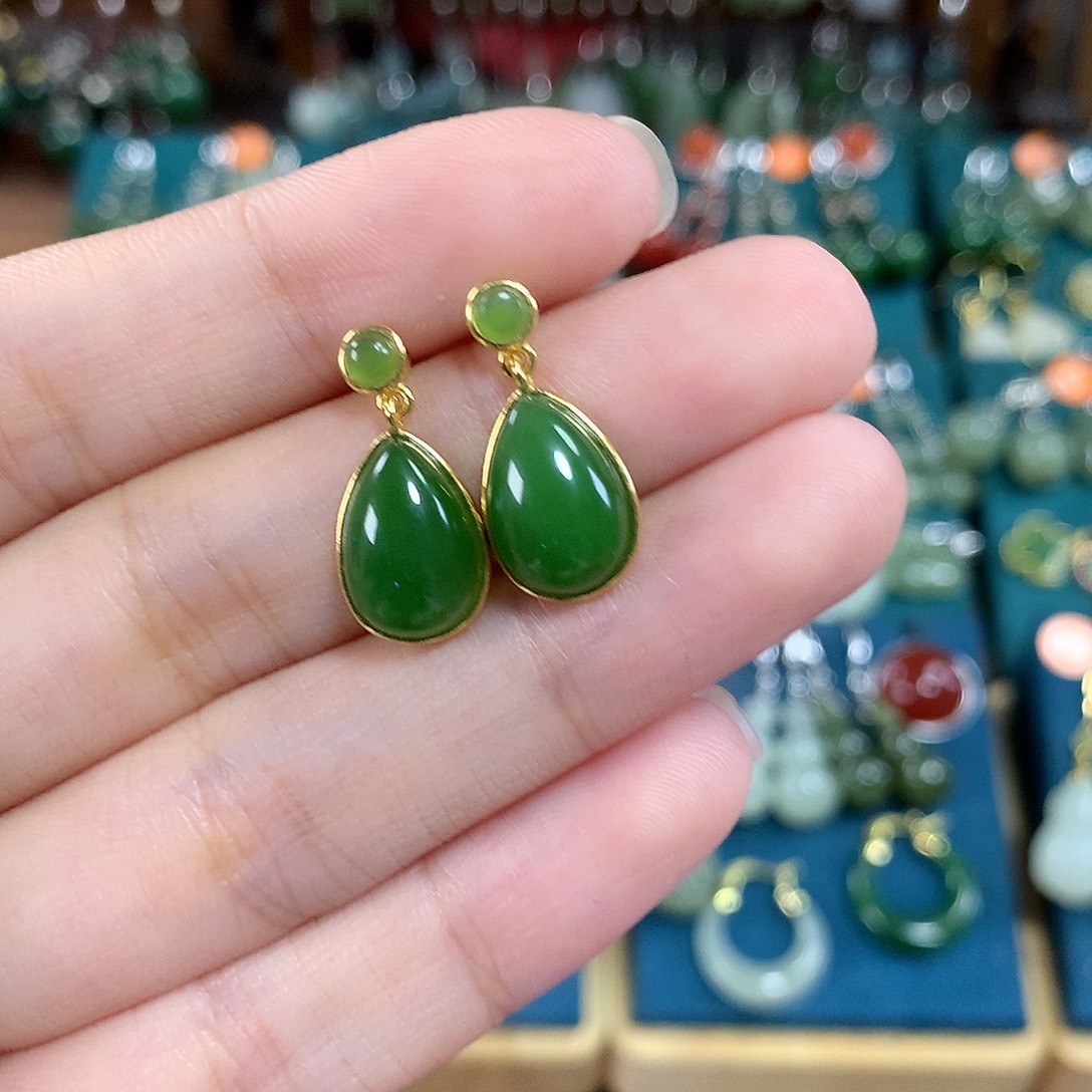 和田玉（碧玉）银S925镶嵌耳饰水滴