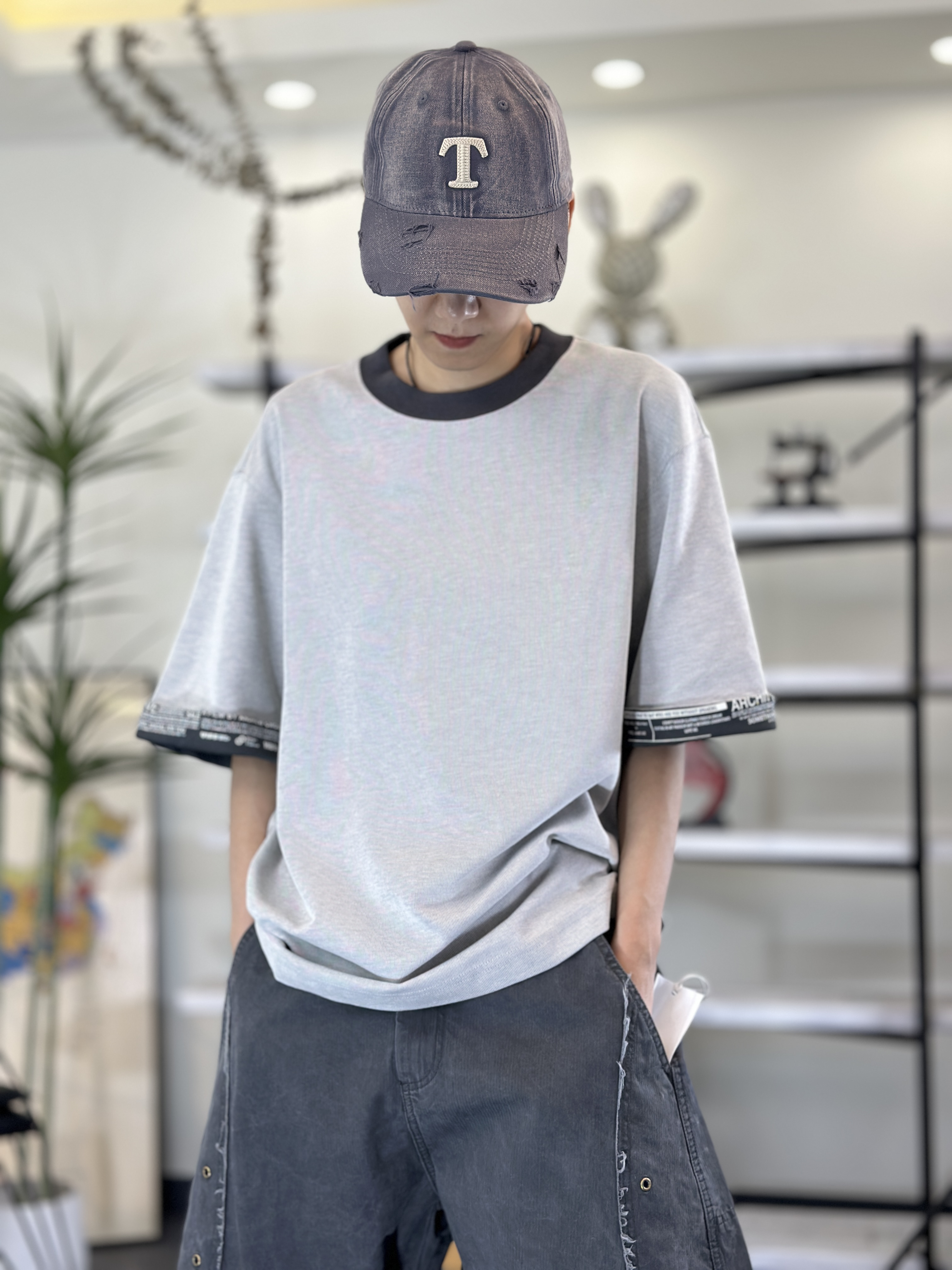 撞色短袖T恤男宽松休闲圆领潮流百搭夏季上衣