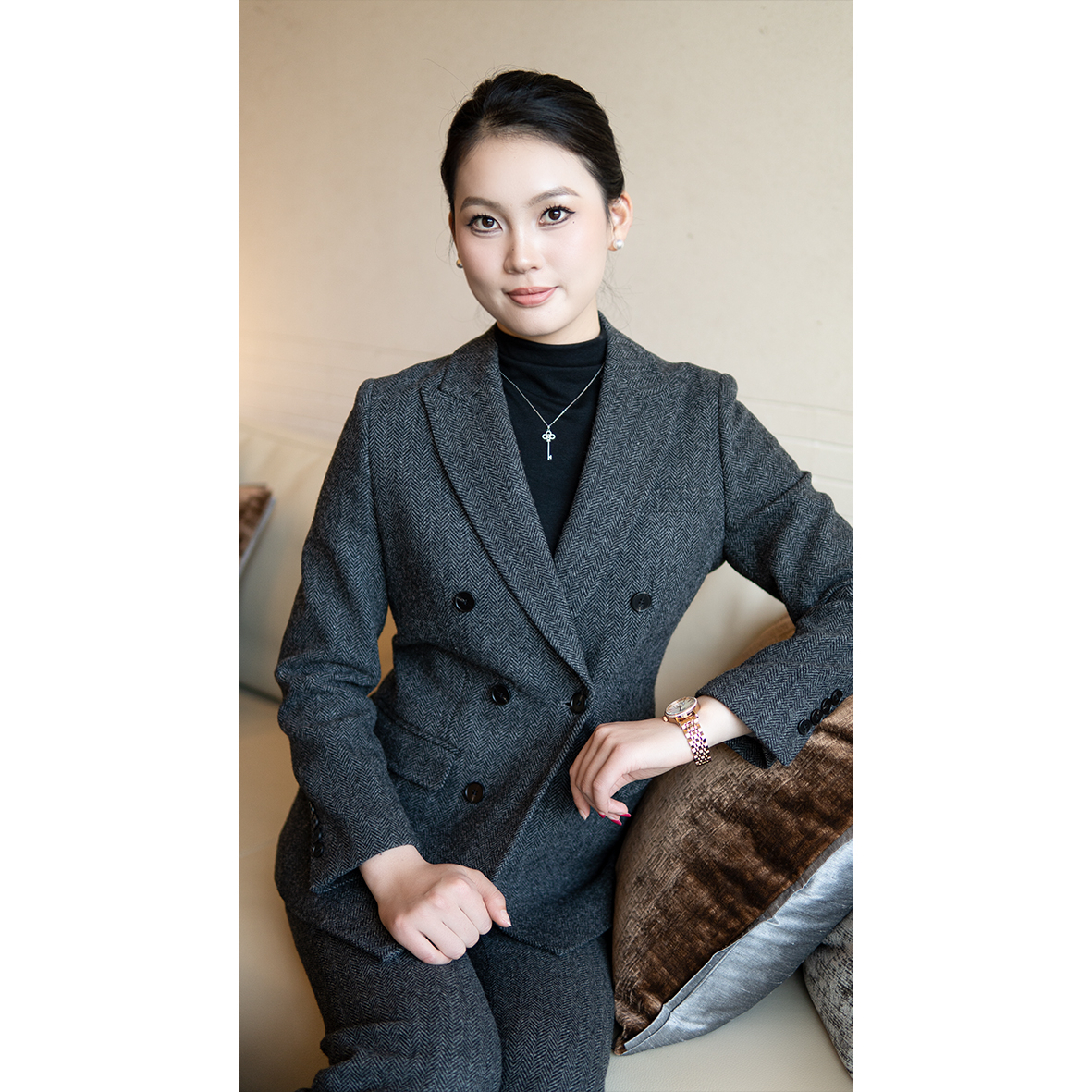 DANLUE/丹略秋冬全羊毛西装气质深灰西装套装女高级感双排扣西装