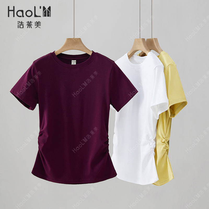 2025夏季新款爆款侧边褶皱修身显瘦体恤上衣正肩短袖t恤女