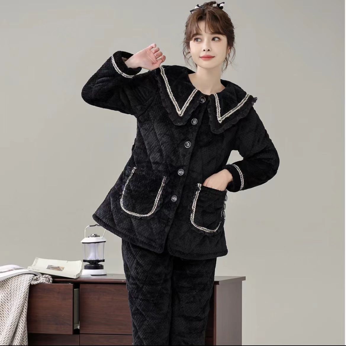 【黑色金边款】2025家居服套装睡衣网红时尚加厚保暖冬季翻领气