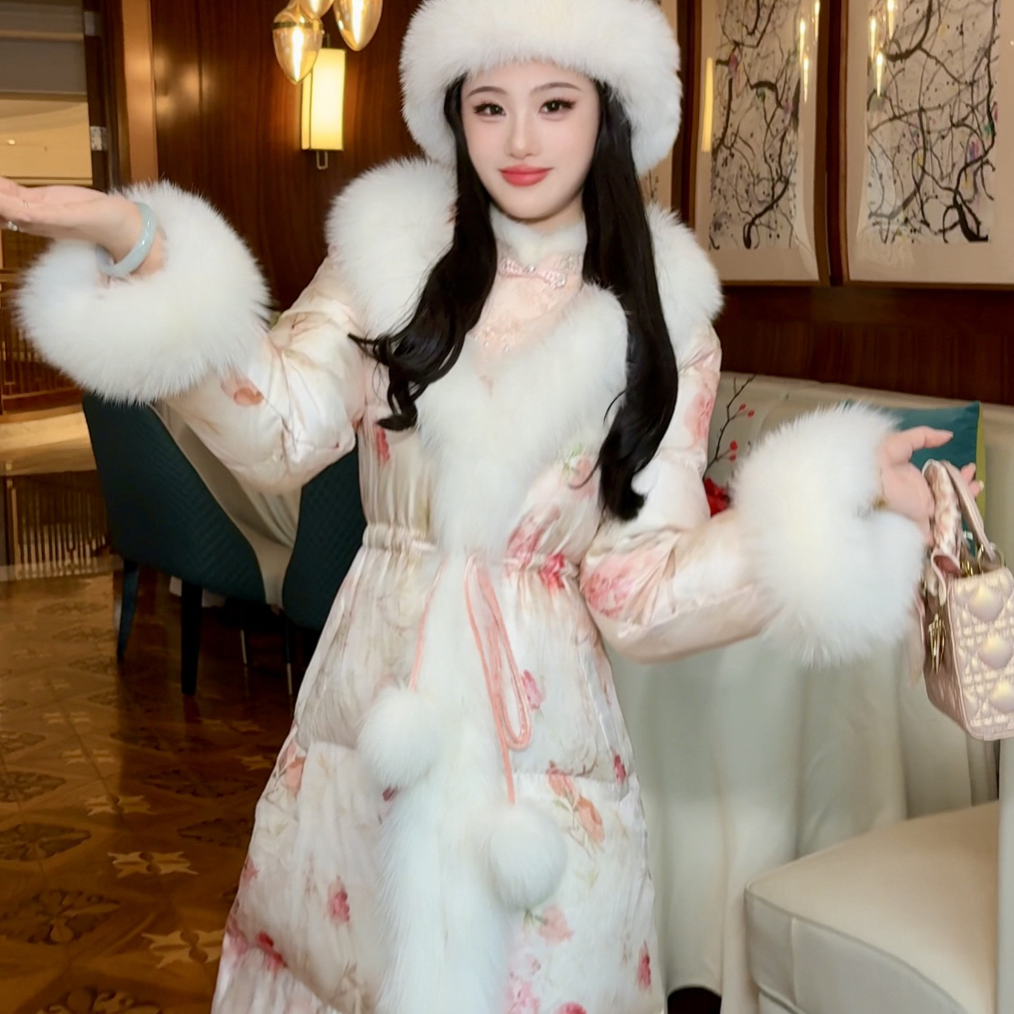 【媛珠 冬日甜茶】重工狐狸毛领长款收腰显瘦贵气国风鹅绒服保暖