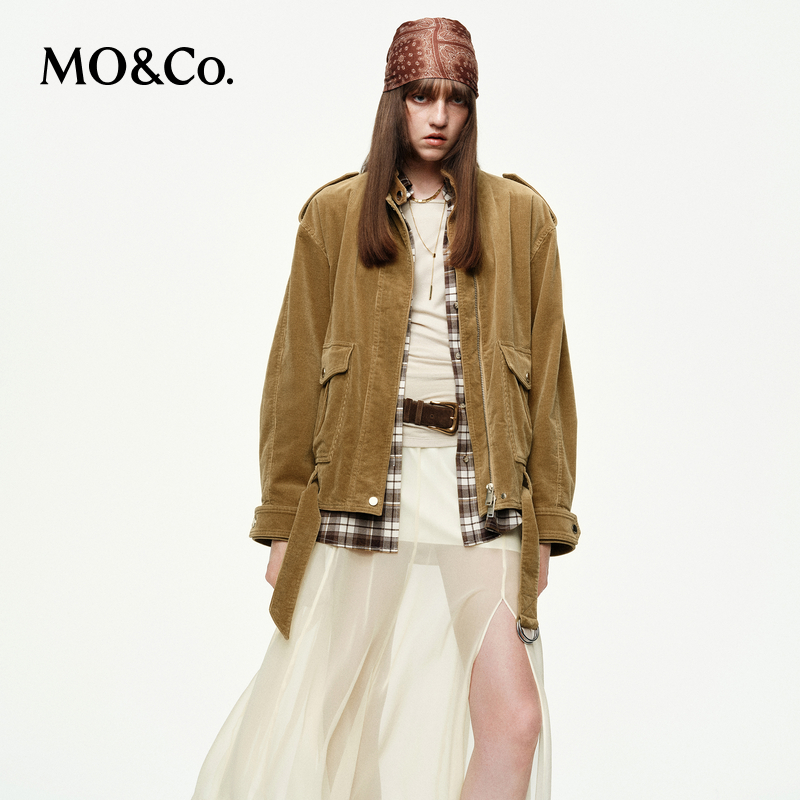 MOCO夹克2025秋新品灯芯绒工装外套波嬉风立领附腰带MBE3JKTT06