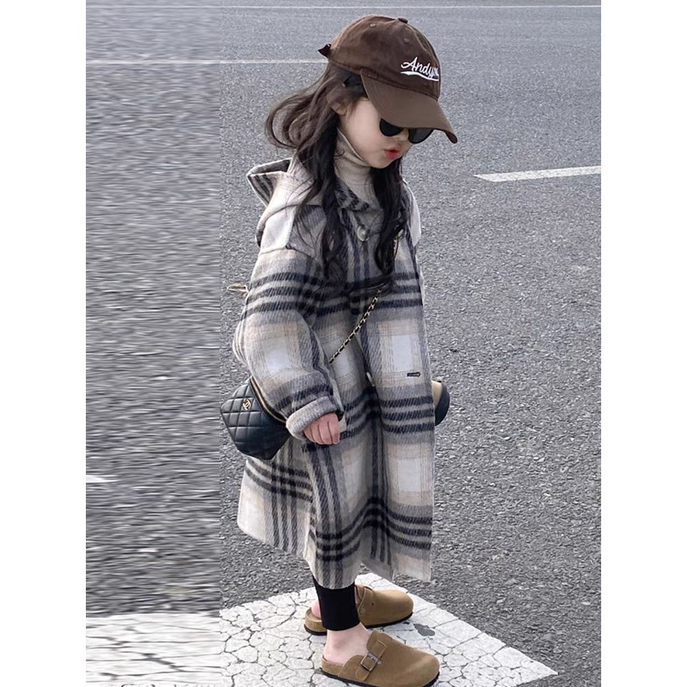 女童毛呢外套中长款2024秋冬新款韩版洋气中大童保暖格子呢子外套