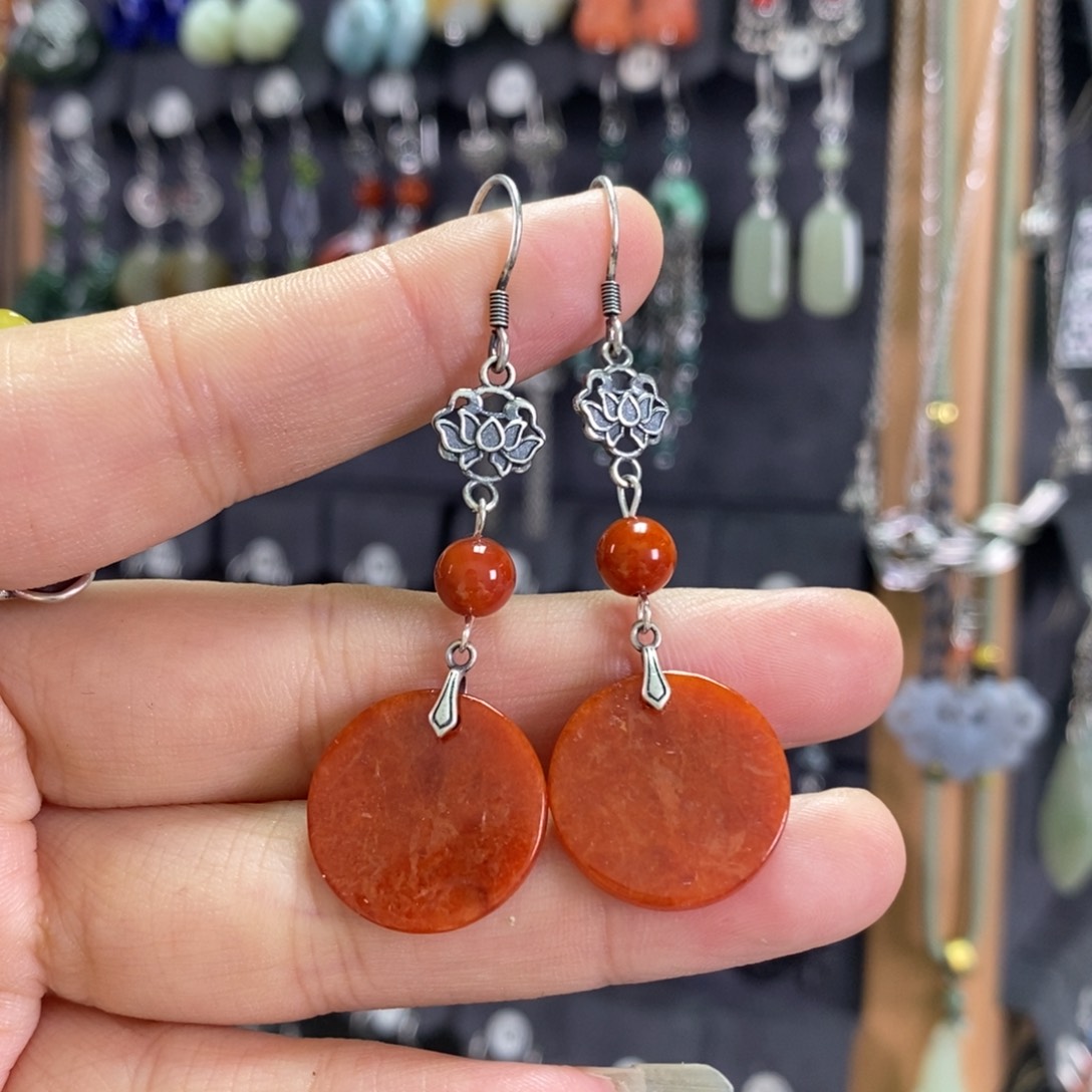 翡翠耳饰银S925镶嵌烧红翡耳坠