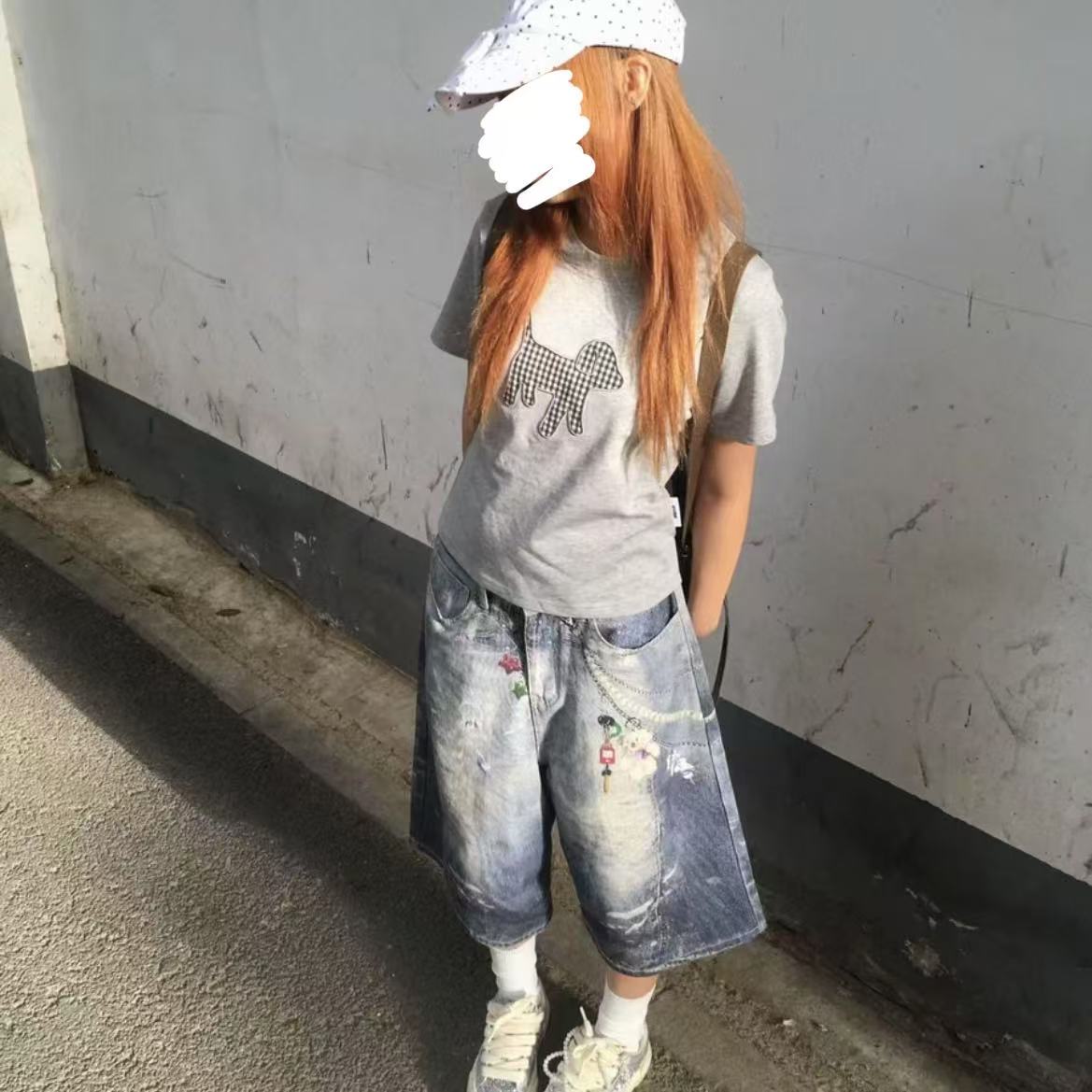 [胖鹅张]潮牌钥匙扣印花五分牛仔裤 #5666[实物以直播间展示为准]