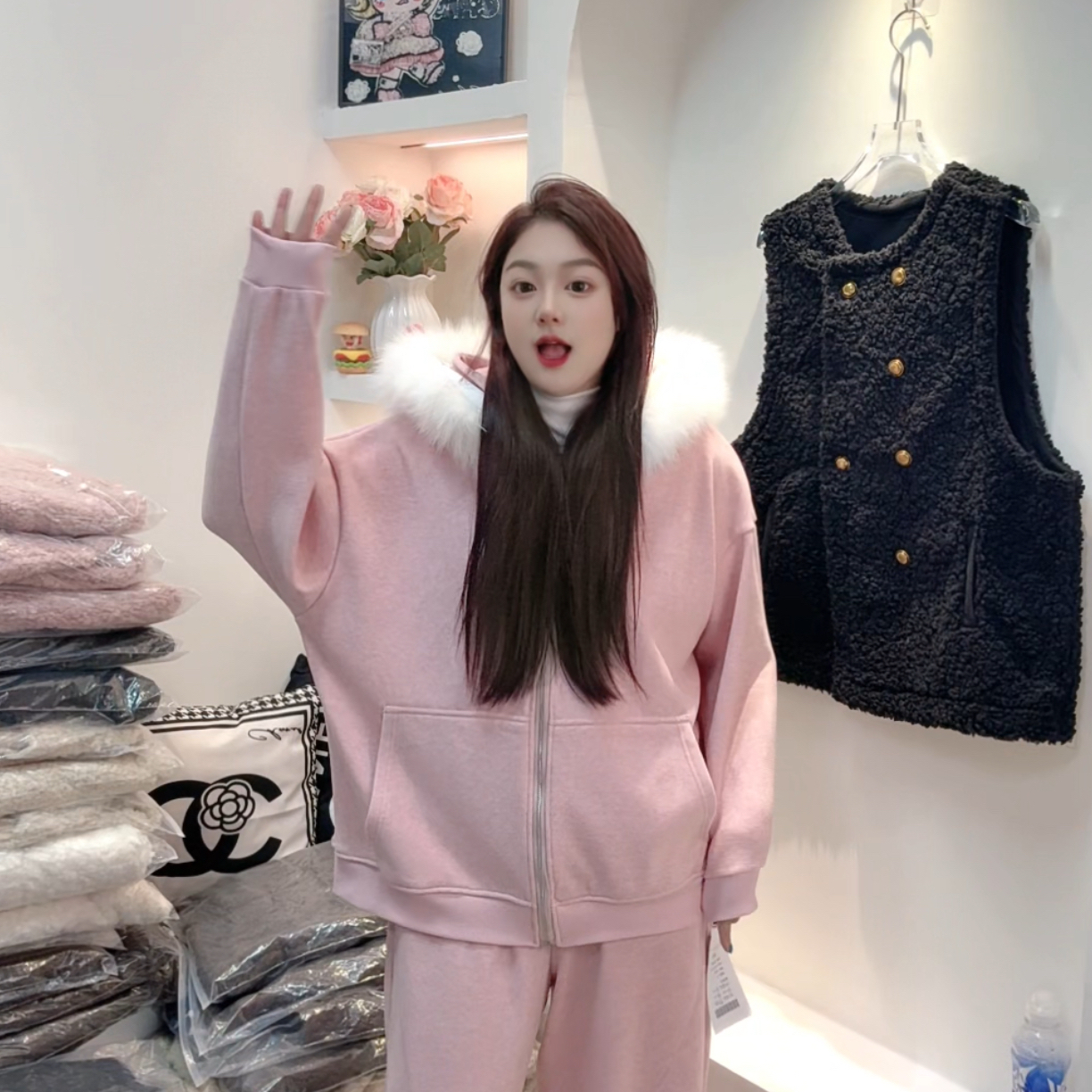 【鑫鑫推荐】韩系慵懒风毛领羊咩咩减龄韩女搭配加厚毛领连帽两件套