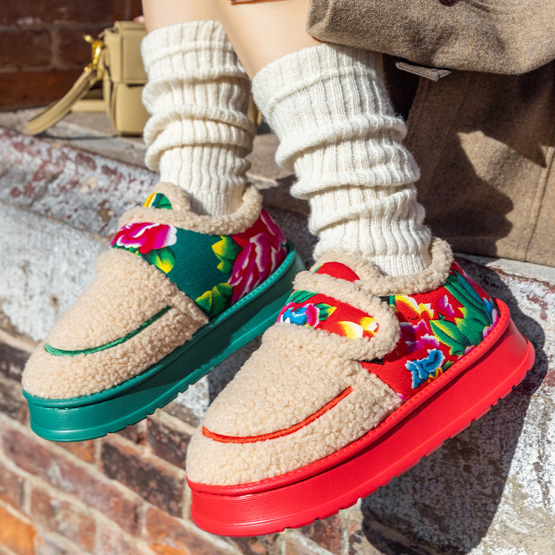 东北大花棉鞋子冬季女士厚底防滑个性时尚加绒保暖棉靴女款户外穿