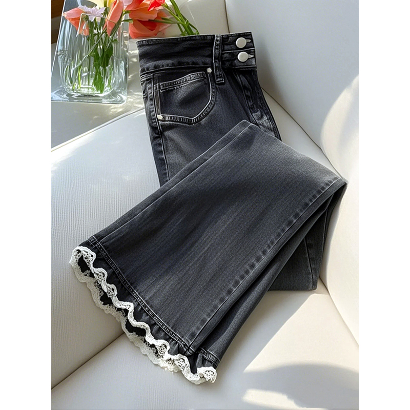 小香风灰色拼接蕾丝牛仔阔腿裤女2025年春季新款高腰显瘦直筒长裤