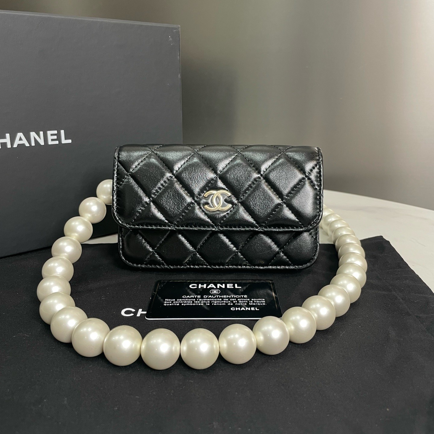 95新 Chanel/香奈儿  珍珠菱格链链子 牛皮材质金色单肩16355703