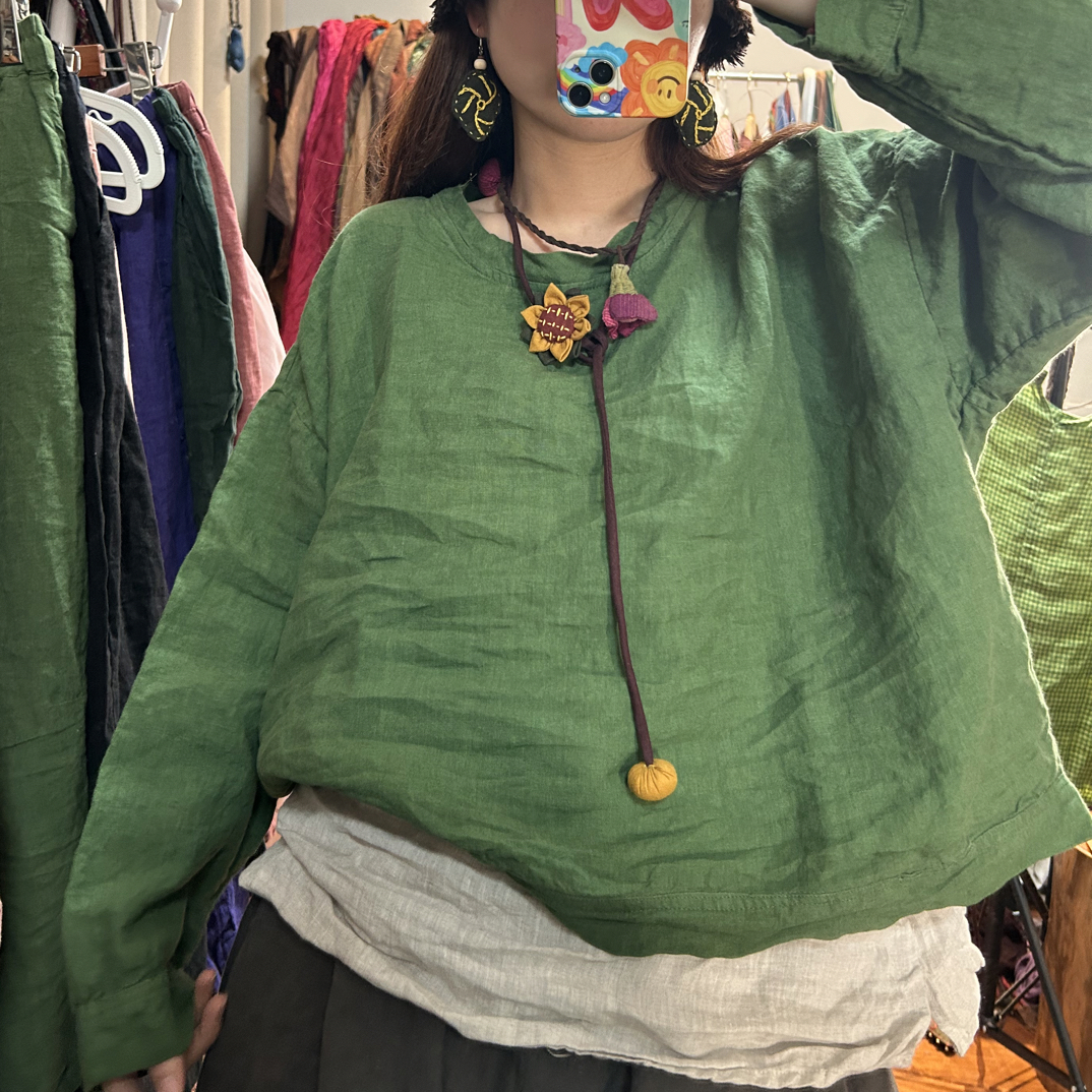 妞妞 新款亚麻长袖小衫百搭洋气显瘦（胸围130衣长56左右