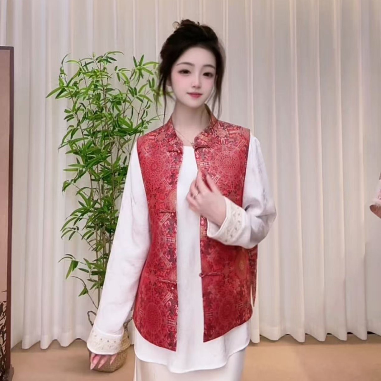 【锦文红韵】复古国风新中式宋锦八达晕真丝女款显瘦马甲