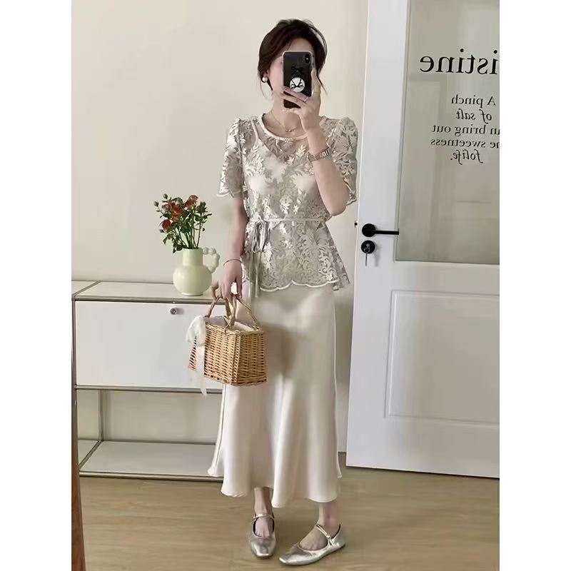 510/25082/169-9   镂空蕾丝衬衫上衣吊带连衣裙两件套女