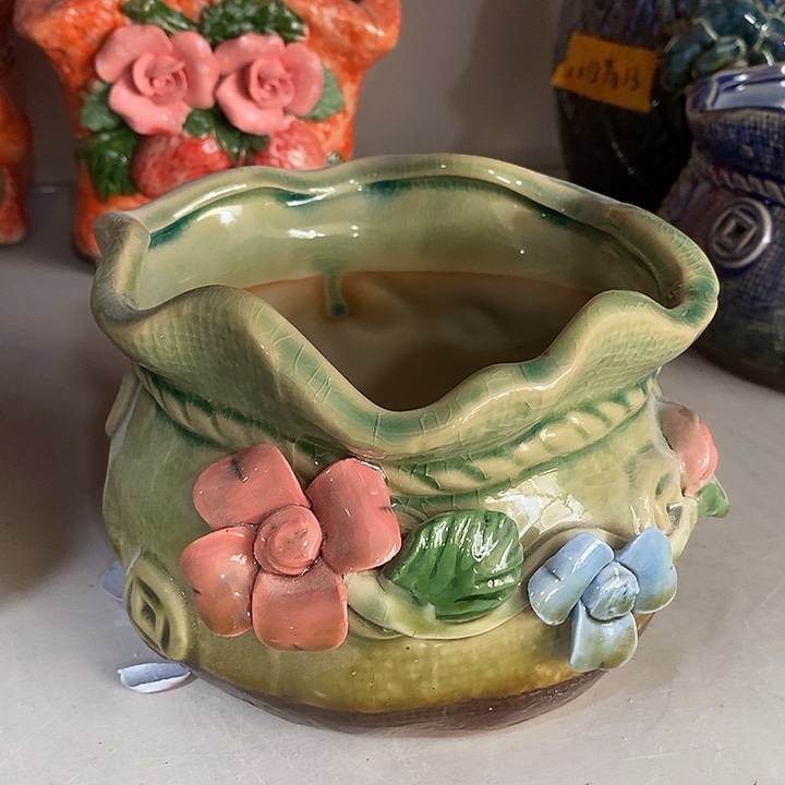 陶盆有孔 磕碰窑裂修补 介意勿拍外高 8外口14