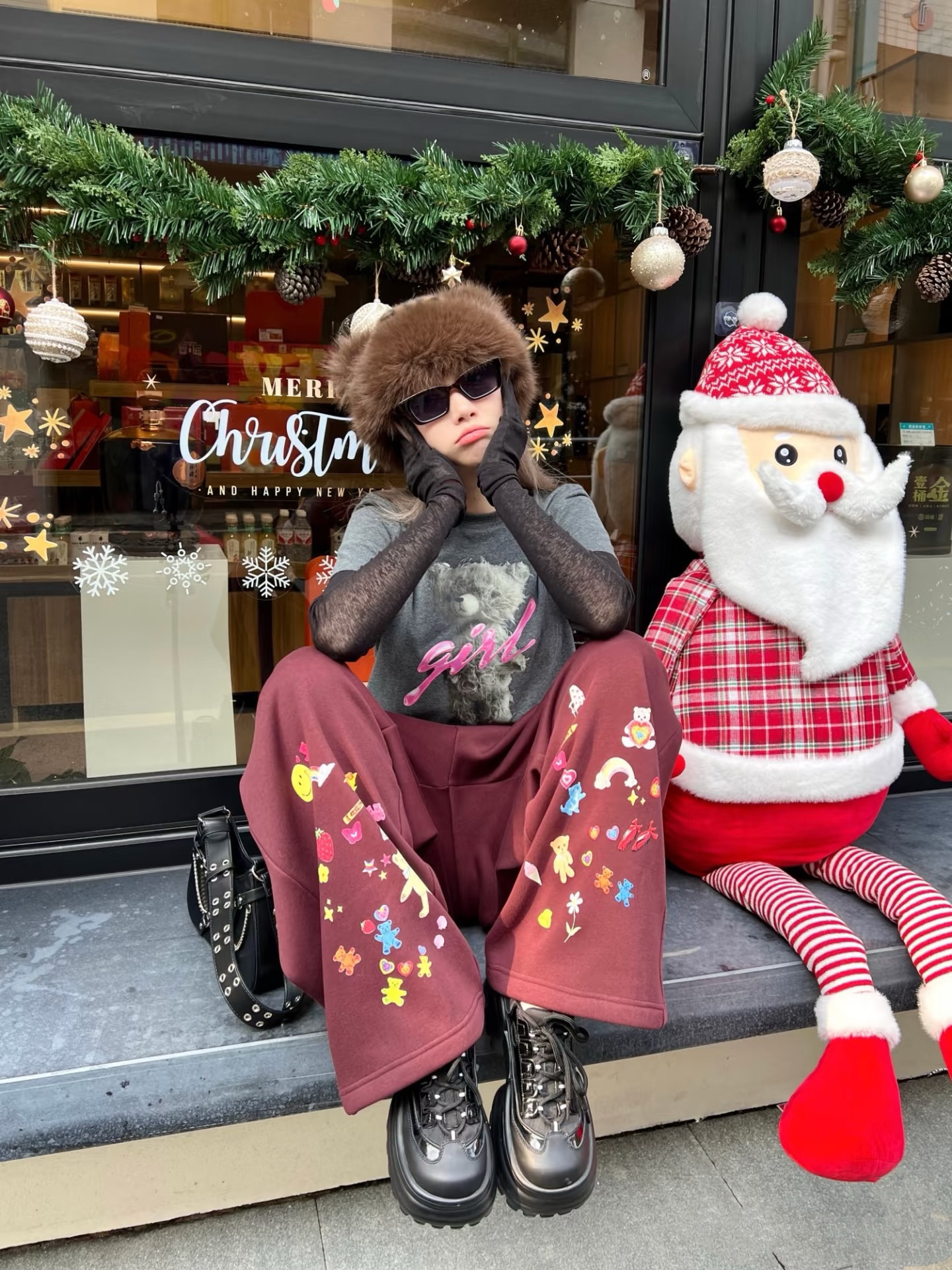 RIMK25SS新品【新年限定】小熊贴纸加厚休闲长裤冬季阔腿裤102秋冬