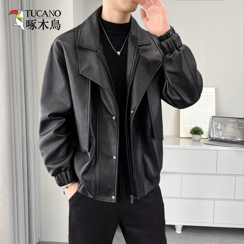TUCANO/啄木鳥翻领可拆卸加绒连帽皮夹克男保暖皮衣潮流百搭韩版