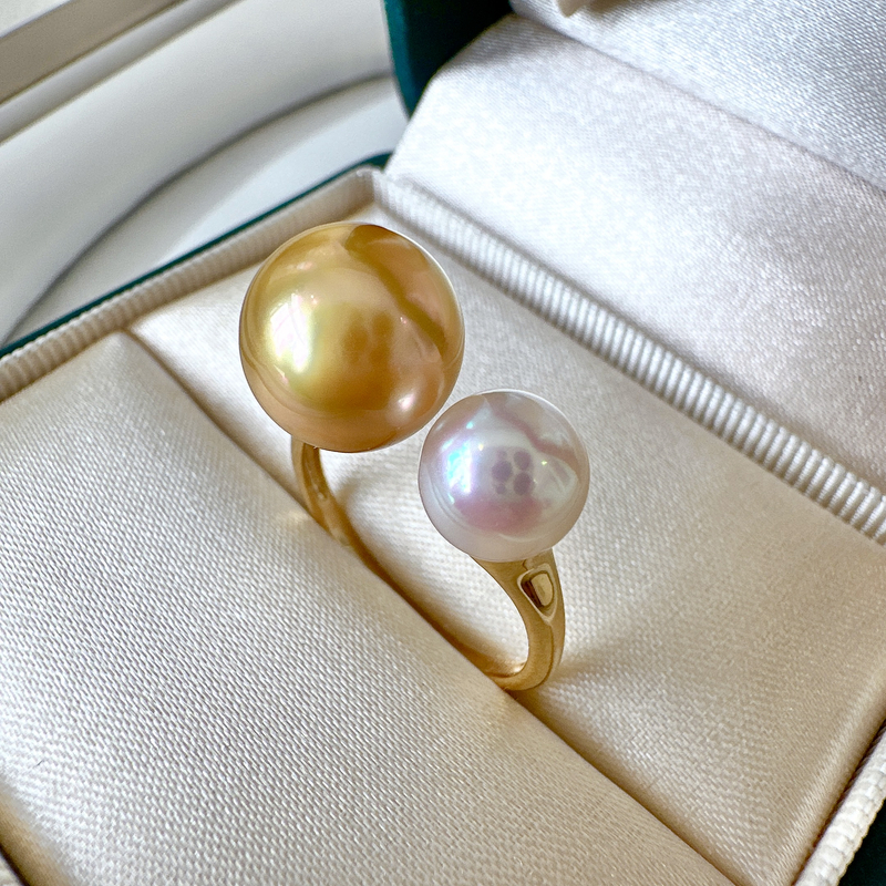 双珠戒指南洋金珠10-11mmAkoya7.5-8mm