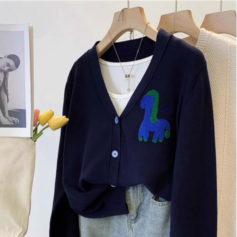 羊范欧美风！时尚提花V领羊毛针织开衫女春秋新款毛衣羊毛外套