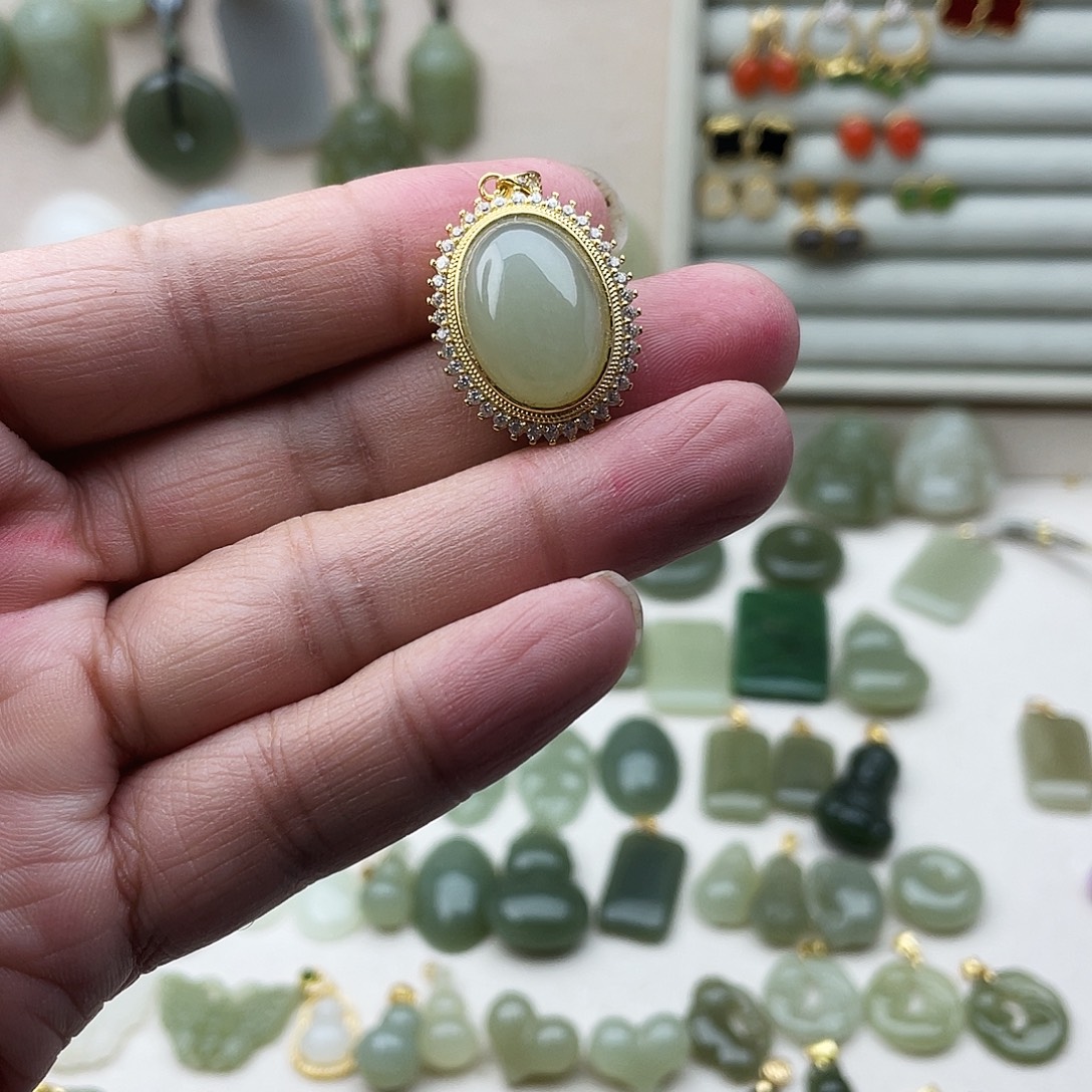 和田玉银S925镶嵌吊坠(不含链)